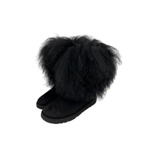 Ugg Womens Black Size 6 Mongolian Sheep Fur Suede Short Boot Apres Ski - Picture 1 of 7